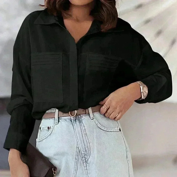 Black Casual Womens Solid Button Front Shirt - Picture 3 of 5